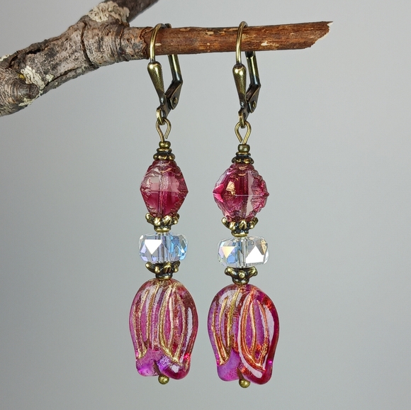Hand Crafted Jewelry - HAND CRAFTED EARRINGS Pink Fuschia Czech Glass Tulip Flower Crystal Dangle Drop
